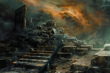 Ancient Alien Temple Ruins in Space with Glowing Nebula and Stars