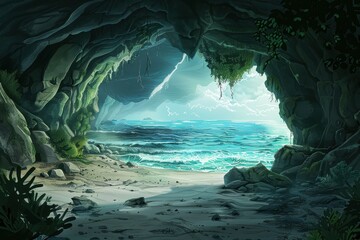 Rocky Beach Cave Overlooking a Tropical Ocean