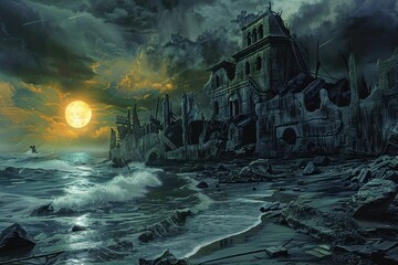 Ruined City by the Sea Under a Full Moon