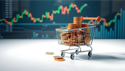 3D shopping cart filled with coins