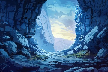 Mysterious Rocky Mountain Pass with Blue Sky and Distant Peaks