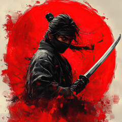 pose for fighting ninja with katana and red background
