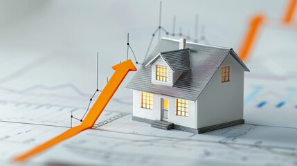 A small model house with a large orange arrow pointing upwards