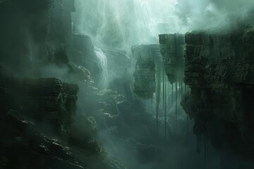 Mysterious chasm with floating rocks and waterfalls in a surreal atmosphere