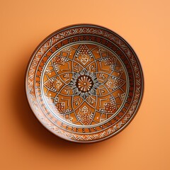 Naklejka premium Decorative Moroccan ceramic hand painted plate, handmade, isolated, closeup top view.