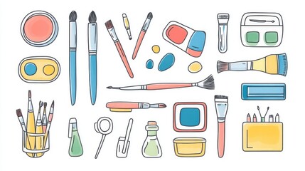 Line icons of art tools including watercolor sets, fine liners, and palettes. Minimalist design with editable stroke.