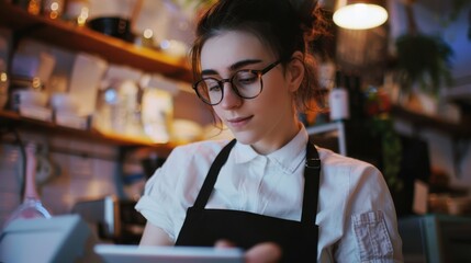 The barista using tablet