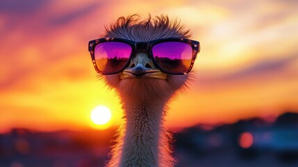 Fashionable ostrich in flashy sunglasses, posing in front of a sunset.