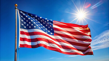 Fototapeta premium A vibrant Stars and Stripes flag waves proudly in the breeze, symbolizing freedom and patriotism on a sunny day with a clear blue sky.