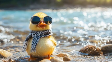 Obraz premium Duck sporting aviator sunglasses and a mini scarf, looking like a cool aviator by the water.
