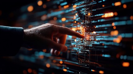 Digital Transformation Vision, Businessman engaging with a digital network, showcasing next-generation technology, exploring cyberspace, and advancing software development in the Metaverse.