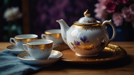 Highly stylized and artistic image featuring a close-up of a tea set. 