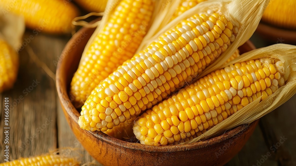 Wall mural Golden corn cobs nestled in a lush green field, sunlit landscape, vibrant agricultural setting, showcasing the bounty of a fruitful harvest.