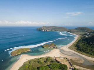 Sumbawa, Indonesia: Aerial view of the stunning Sekongkang sandy beach in the Sumbawa island in Indonesia on a sunny day