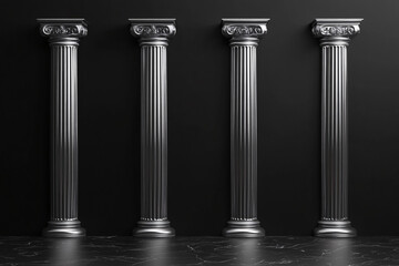 Obraz premium Four classical columns casting shadows against a dark background representing architectural elegance and timelessness