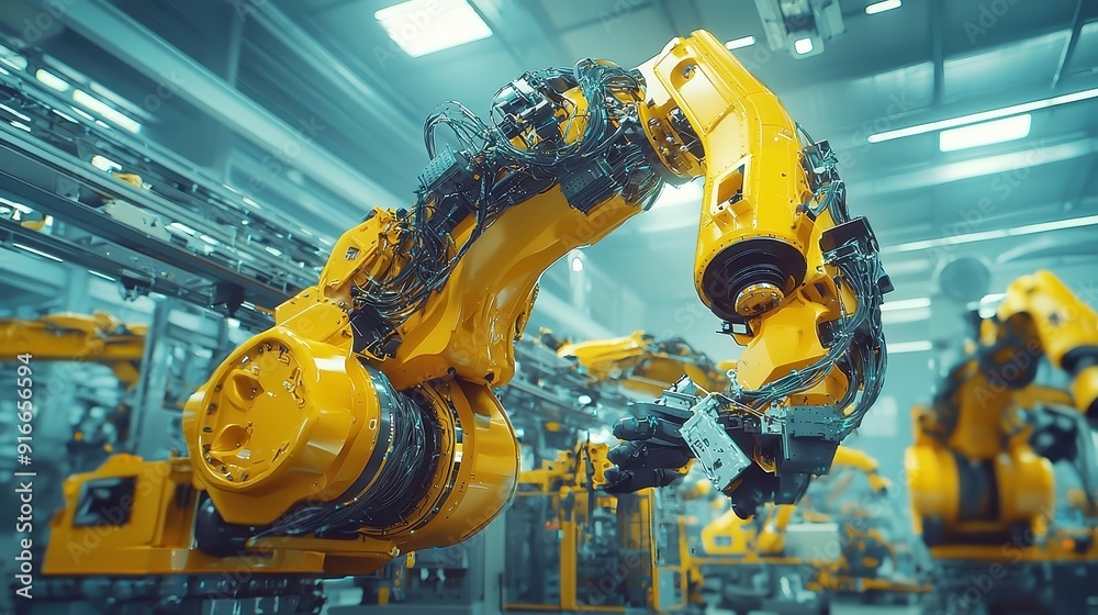 Poster industrial automation via cyber robotics, engineers utilize advanced software to manage robotic arms