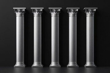 Obraz premium A row of five classical columns with intricate capitals set against a dark background symbolizing strength and tradition