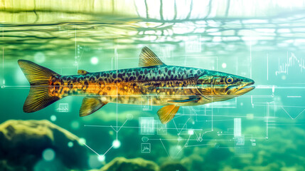 Fototapeta premium Salmon fish swimming underwater with digital analysis charts and graphs