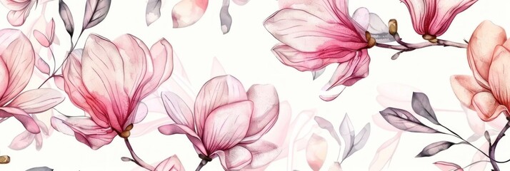 Fototapeta premium Seamless pattern with watercolor pink magnolia flowers and leaves on a white background.