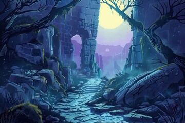 Mysterious overgrown ruins of an ancient temple bathed in moonlight