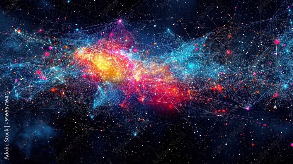 Poster data connections visualization, a dynamic graph illustrating the intricate relationships within larg