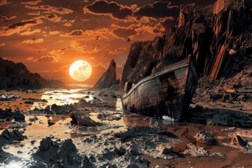 Derelict Shipwreck on Rocky Shore Under Blood Red Moon
