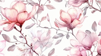 Seamless pattern with watercolor pink magnolia flowers and leaves on a white background.