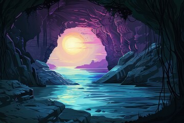 Colorful sunset over the ocean seen from a cave