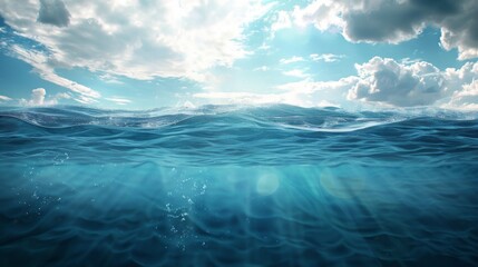 Blue sea or ocean water surface and underwater with sunny and cloudy sky