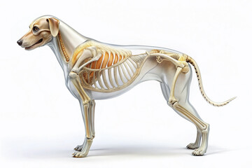 A whimsical illustration of a curious dog with a transparent body, showcasing its skeleton and organs, standing on a minimalist white background.