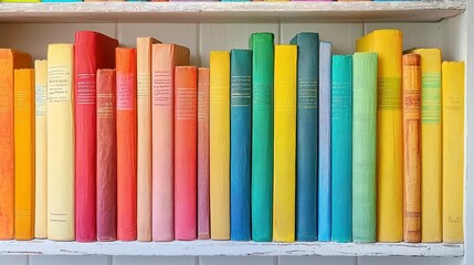Naklejka premium Vibrant Bookshelf Display, a diverse array of colorful books arranged neatly on a shelf, inviting exploration, with ample free space surrounding the collection.