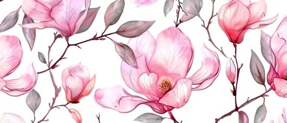 Seamless pattern with watercolor pink magnolia flowers and leaves on a white background.