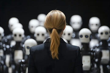 A businesswoman in front of robot crowd, the integration of human leadership and AI technology