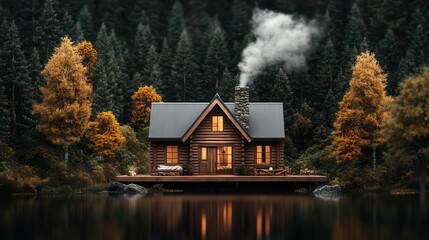 Fototapeta premium cabin in the woods with smoke from the chimney, , realistic textures, cozy isolation