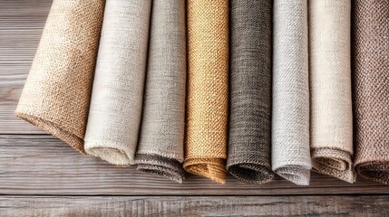 Linen fabric swatches on a rustic wooden surface, with earthy tones and natural texture, leaving space for textile information 