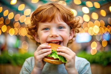 Naklejka premium A happy child eats a burger 