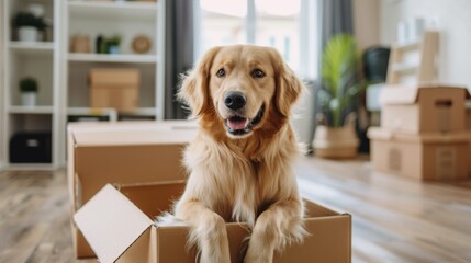 Family with kids and pets moving to new home. Cute dog sitting in cardboard box. Moving to new home, packing and unpacking boxes, relocation, renovation, removals and delivery service concept
