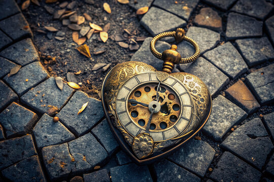 A worn, antique clock lies shattered on a dark, gritty pavement, its broken heart-shaped mechanism a poignant symbol of love and time gone awry.