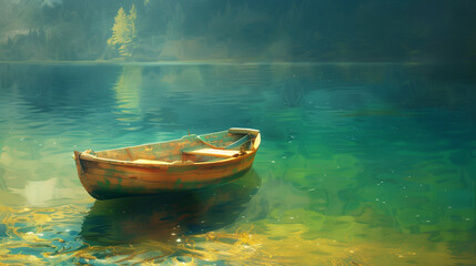 Fototapeta premium A picturesque scene with an old wooden boat peacefully floating on crystal clear lake water, surrounded by forest and mountains