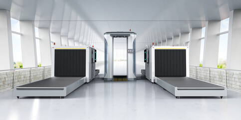Airport security checkpoint with security gates and scanner machine