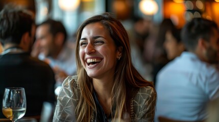Joyful woman enjoying a lively conversation at a sophisticated evening networking event with professionals engaging in background discussions