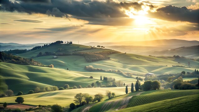 Panorama of greem beautiful landscape rolling Tuscan fields in warm light of the setting sun