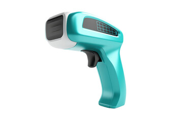 Modern handheld barcode scanner in turquoise color design. Essential tool for retail and inventory management efficiency.