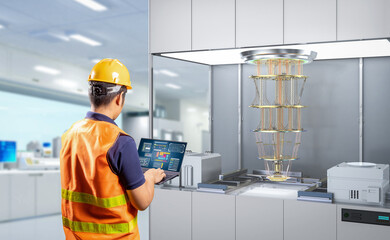 Quantum engineering technology with engineer develop quantum computer machine in shield capsule