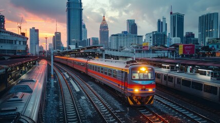 Train Departing at Sunset in a City