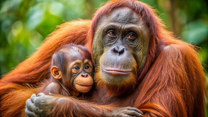Naklejka premium Adorable orangutan cradles its infant in a tender embrace, showcasing the intimate bond between mother and child in their natural rainforest habitat.