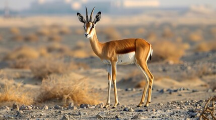 An Arabian gazelle is depicted in its natural habitat within a protected conservation area in Dubai, United Arab Emirates. The gazelle, gracefully standing amidst the desert landscape