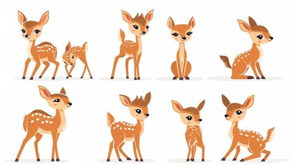 Naklejka premium A set of funny baby deer flat icons featuring a cartoon character of a cute fawn. The illustrations show the fawn in various poses, including standing, sitting, and walking. 