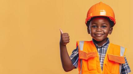 A cute happy smiling young African American black boy dressed like a construction worker raises his thumb up on a plain vivid orange background with copy space for text.