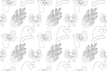 Fototapeta premium A festive Christmas-themed coloring page pattern featuring stockings, Santa hats, and pine branches. Perfect for holiday fun and creativity.